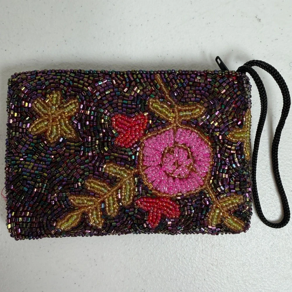 Vintage Small Coin Purse Beaded Floral Iridescent Purple Pink Wristlet Pouch